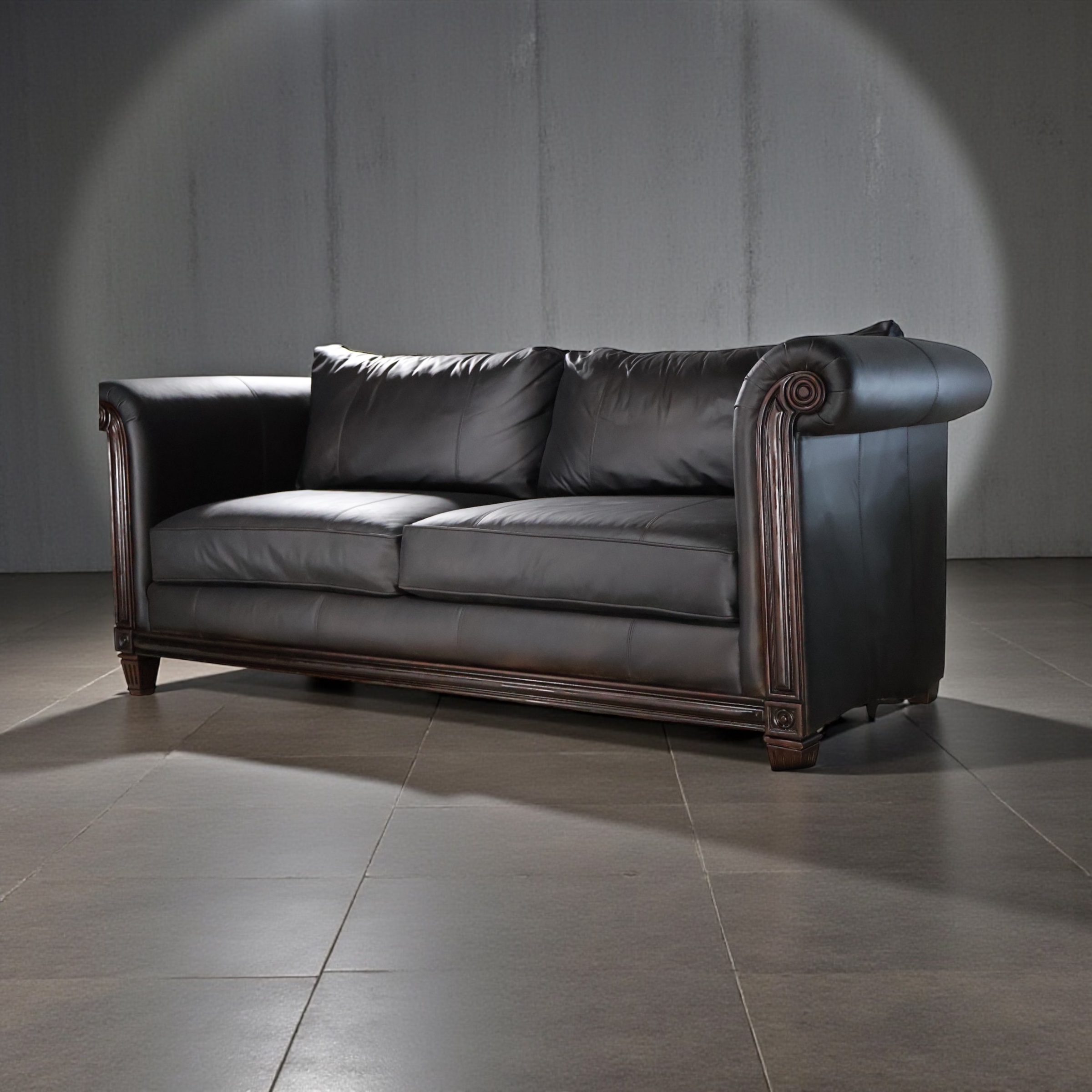 OOM Noir Scroll Arm Leather Sofa — Studio Collector Edition