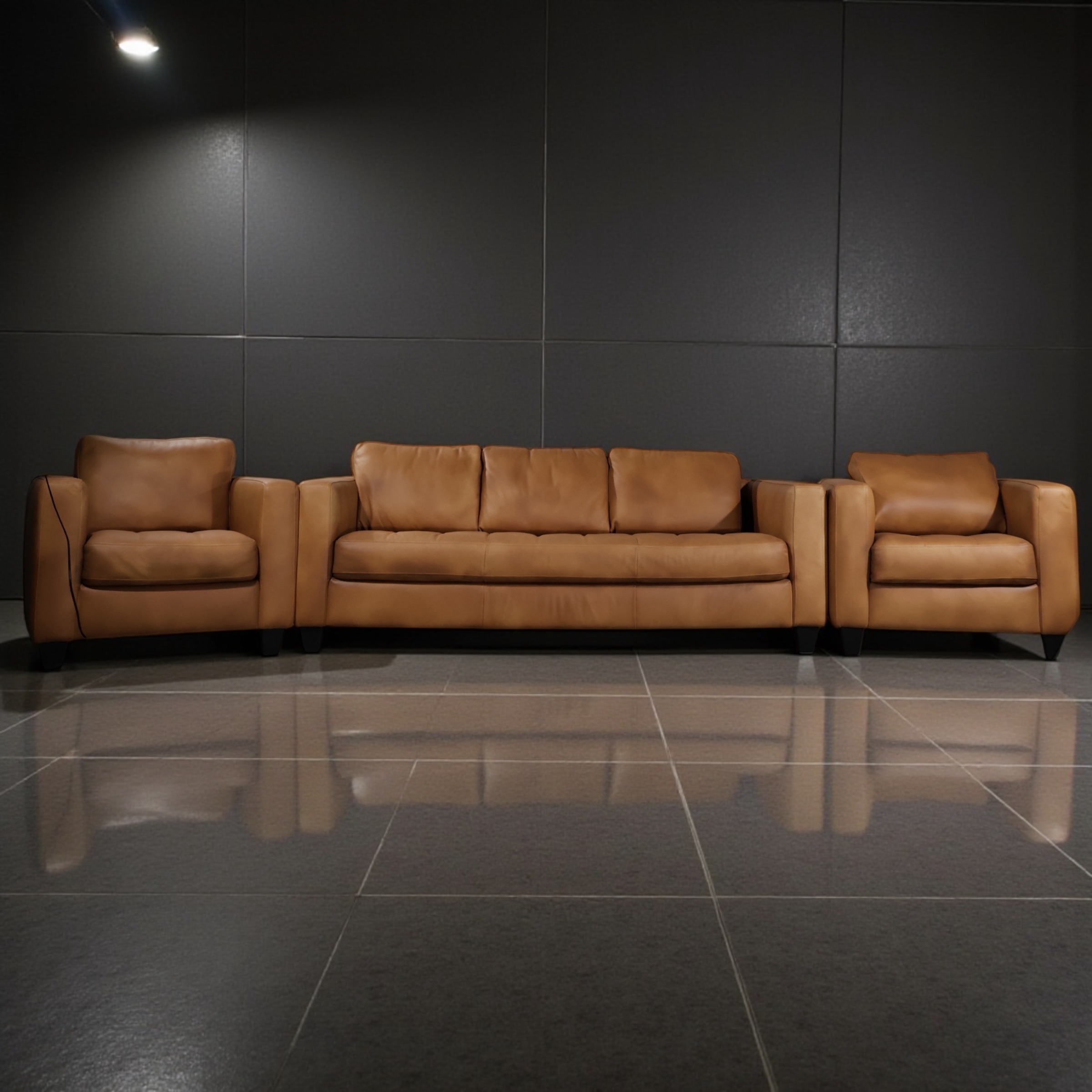 Sculpted Tan Leather Sofa Ensemble — Three-Piece Collector Edition