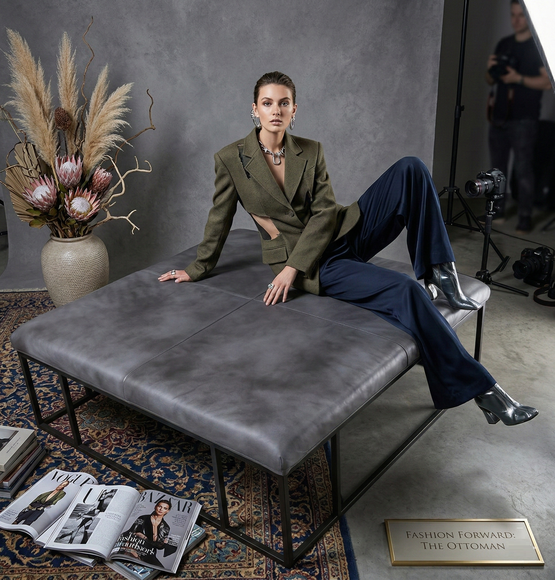 Sculpted Grey Leather Platform — Architectural Low Table