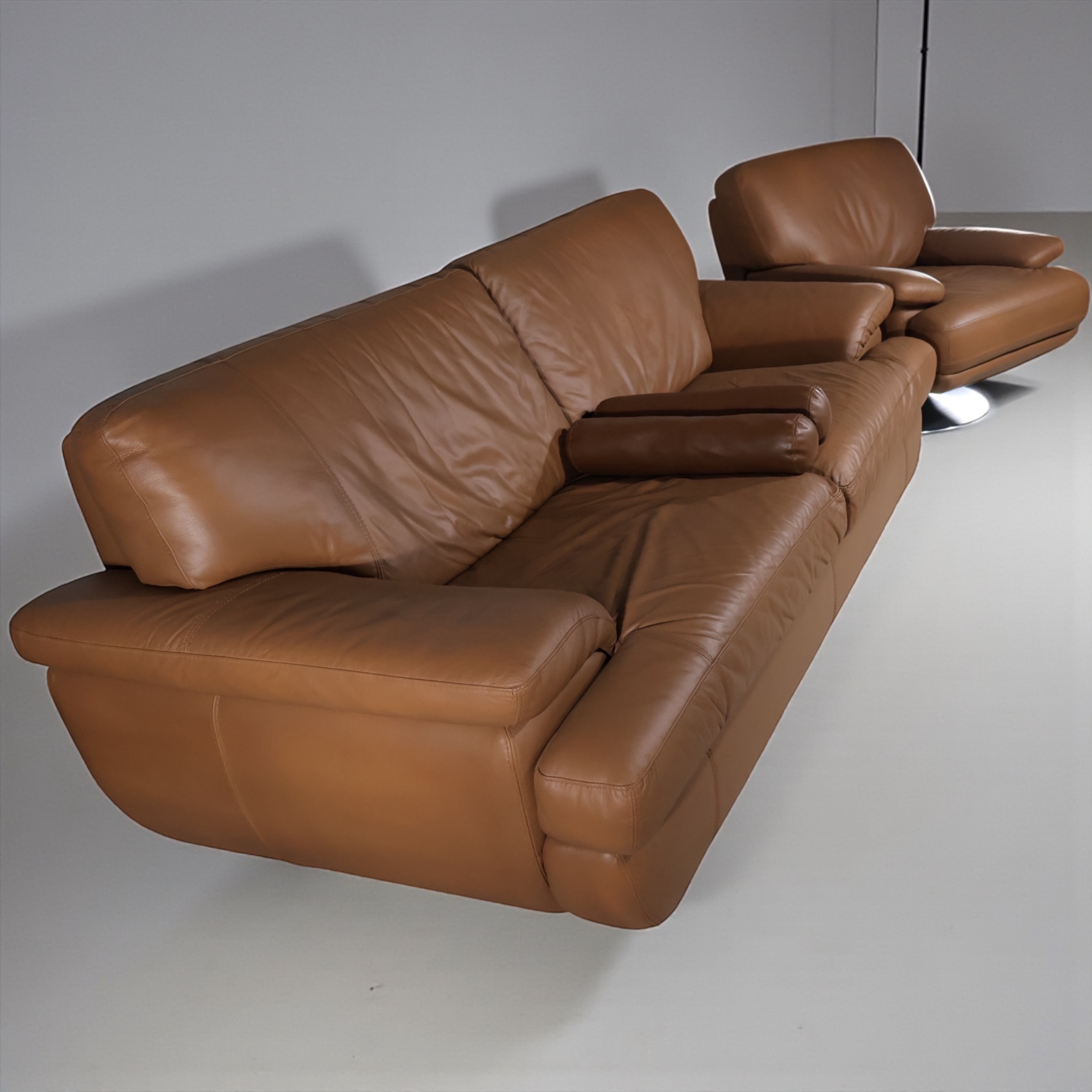 LOOM Cognac Leather Sofa & Swivel Lounge Chair — Sculpted Studio Set