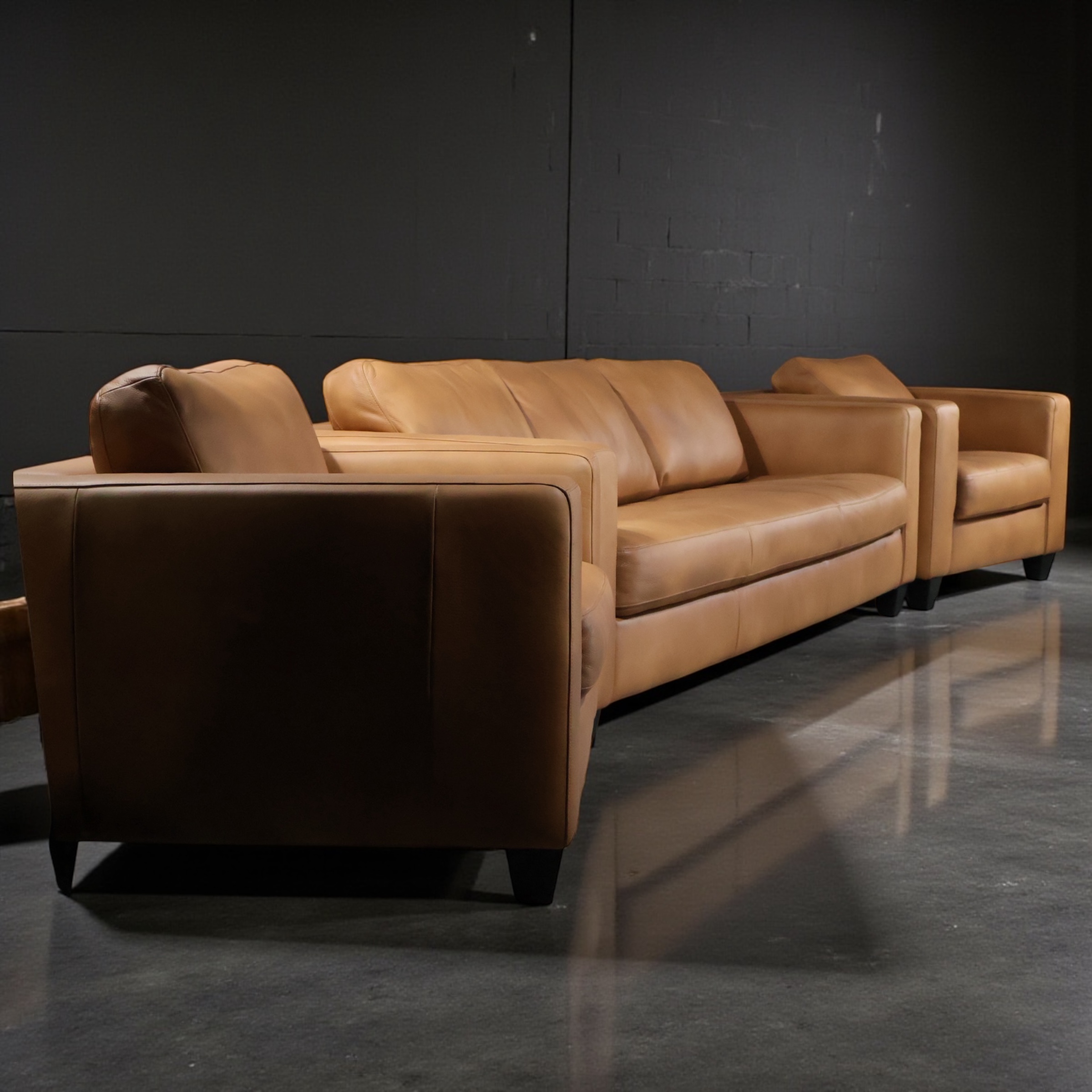 Sculpted Tan Leather Sofa Ensemble — Three-Piece Collector Edition