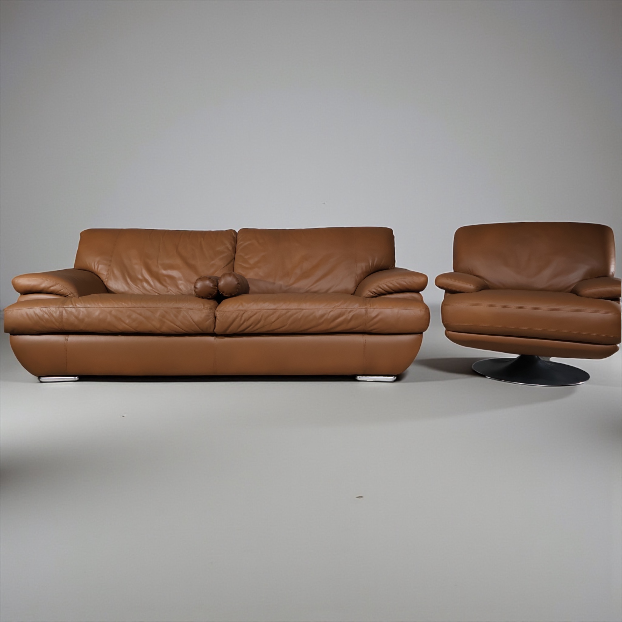 LOOM Cognac Leather Sofa & Swivel Lounge Chair — Sculpted Studio Set