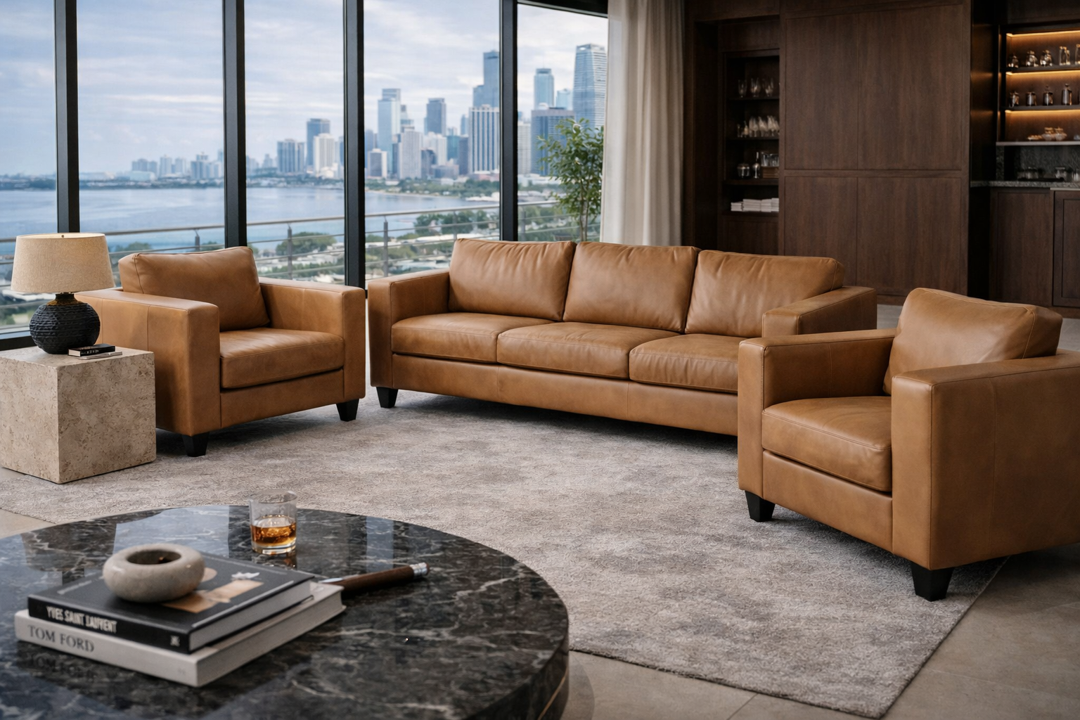 Sculpted Tan Leather Sofa Ensemble — Three-Piece Collector Edition