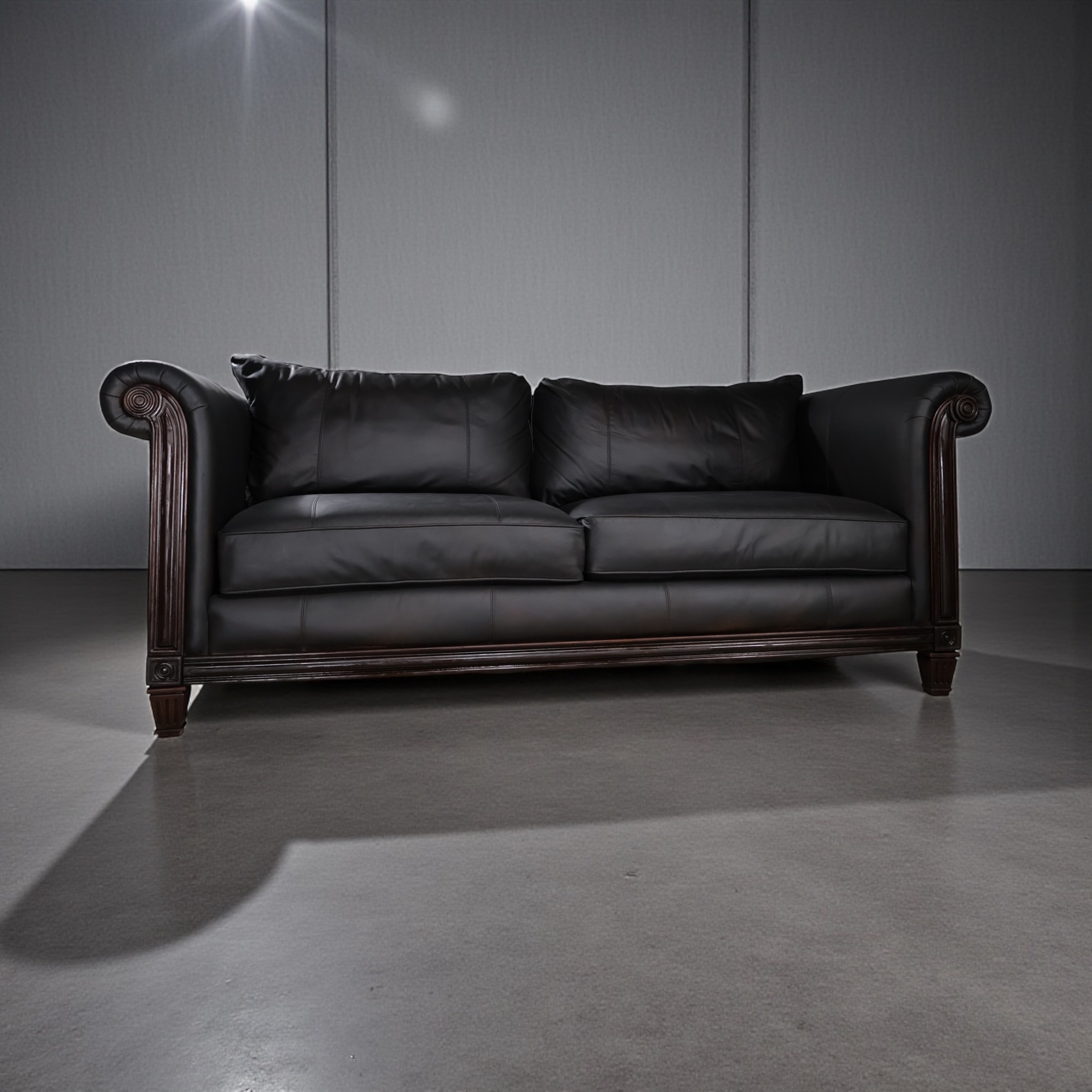 OOM Noir Scroll Arm Leather Sofa — Studio Collector Edition