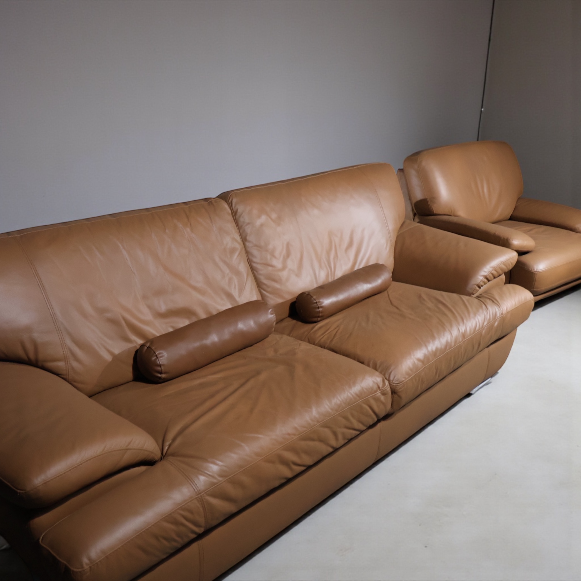 LOOM Cognac Leather Sofa & Swivel Lounge Chair — Sculpted Studio Set