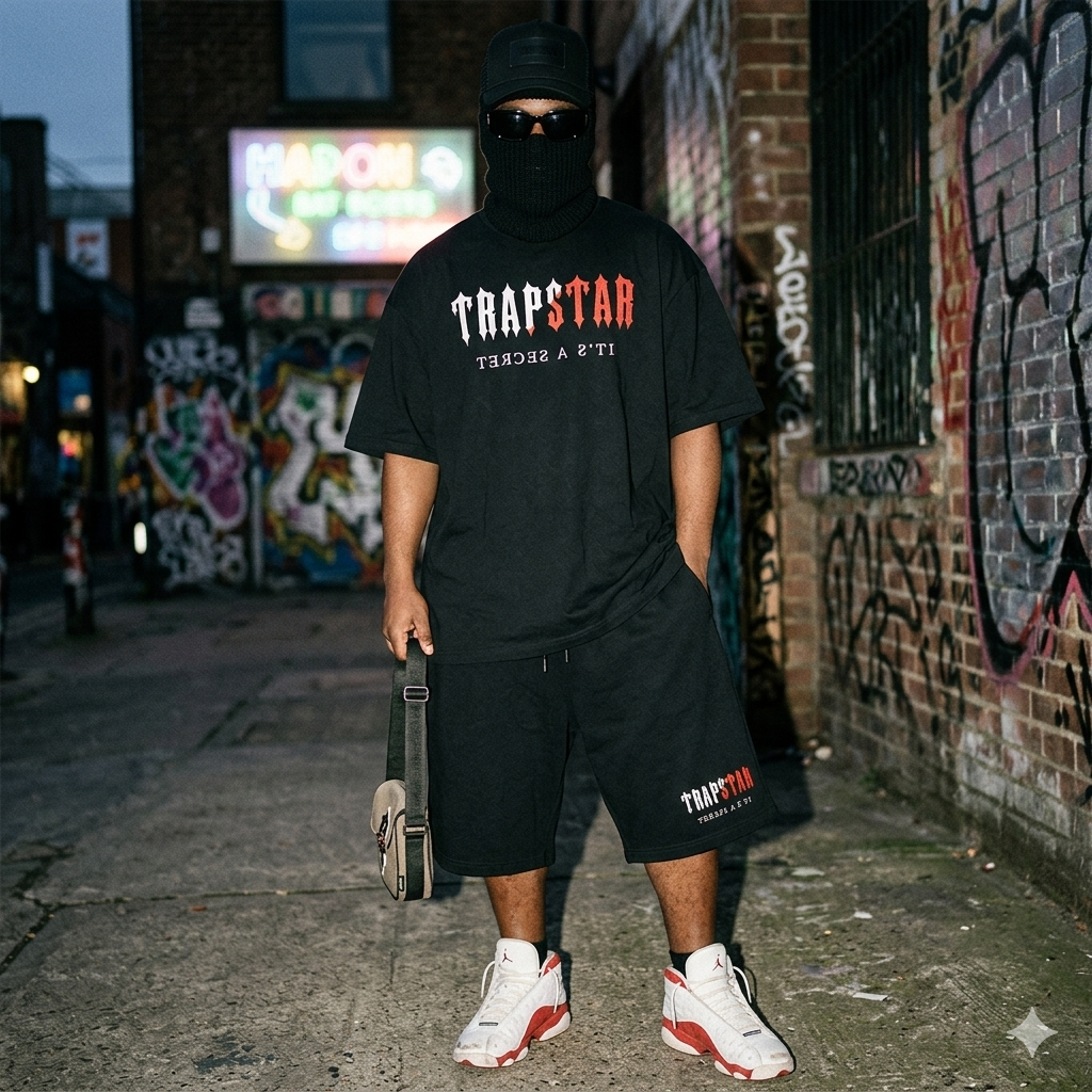 TRAPSTAR CHENILLE DECODED SHORT SET BLACK RED