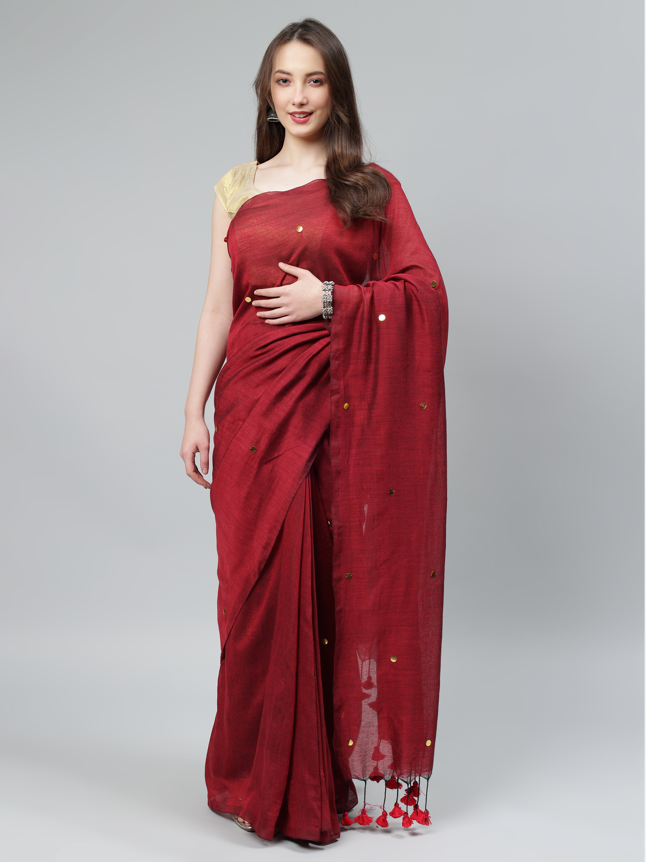 AROOPA Women's Cotton Saree with Mirror Work & Unstitched Blouse Piece