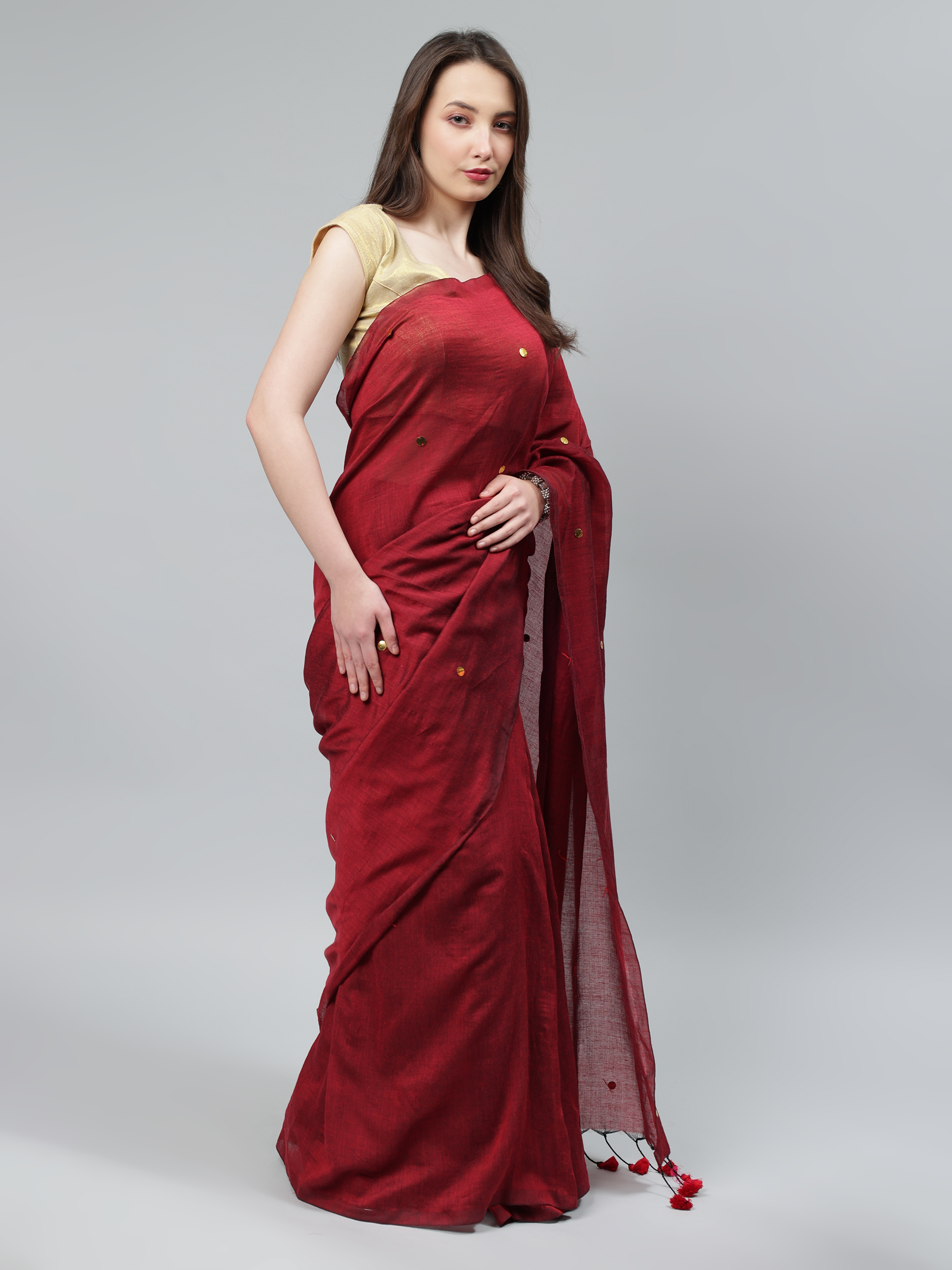 AROOPA Women's Cotton Saree with Mirror Work & Unstitched Blouse Piece