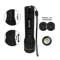 Rankinis žibintuvėlis, 2000lm, 20W, įkraunamas USB-C, juodas, ARCAS