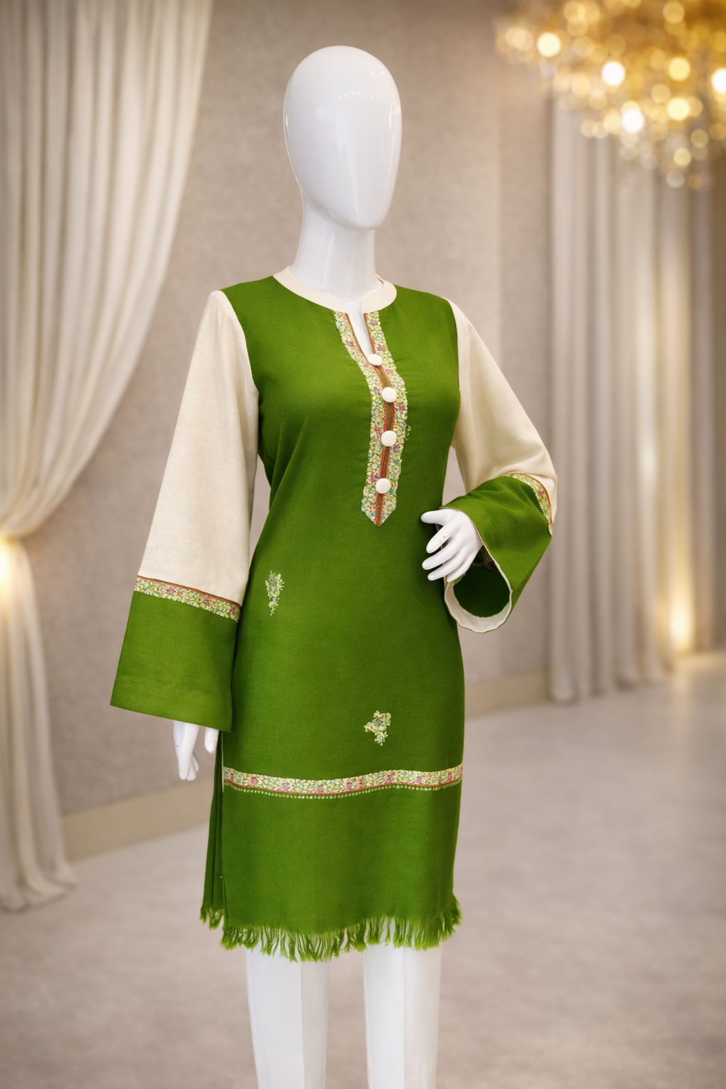 Green & Cream Embroidered Kurti