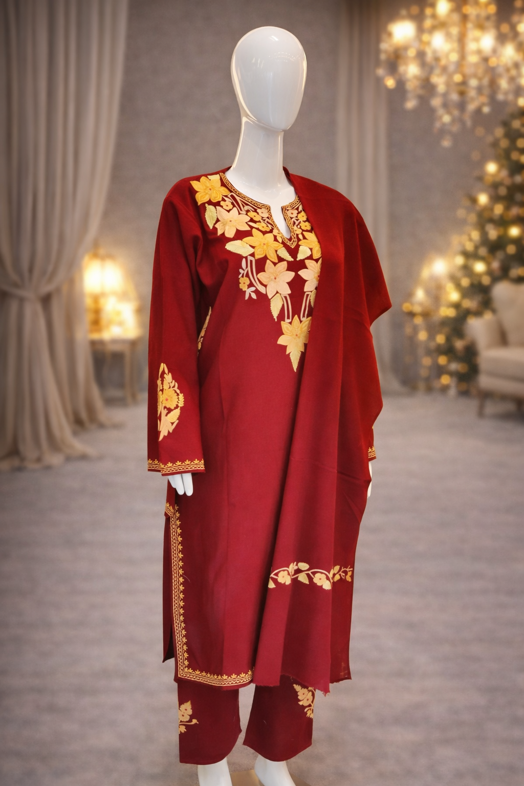 Kashmiri Pheran | 3 pc Suit Pure wool | Kashmiri Aari work Floral Embroidery | Festival outfit