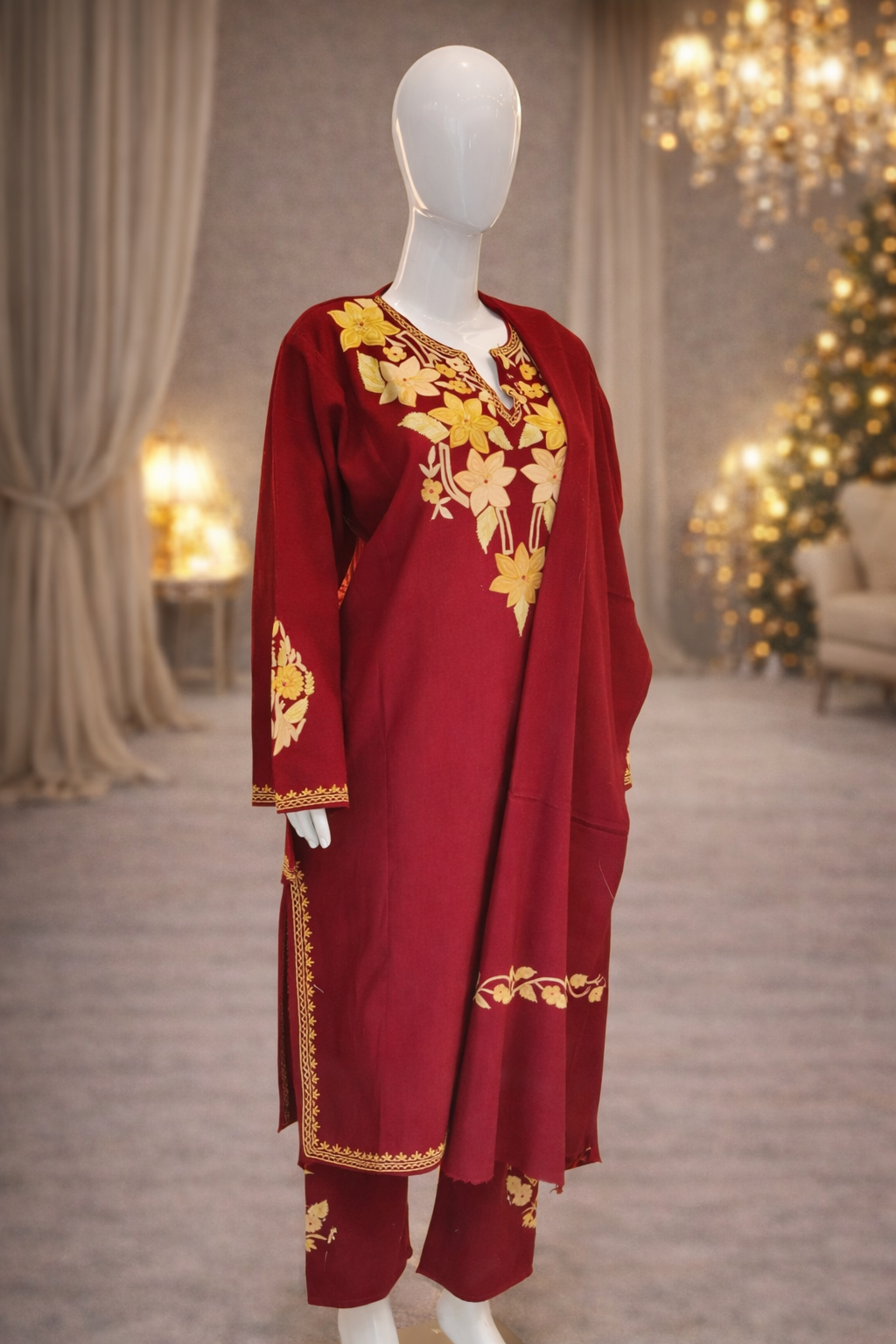 Embroidered Maroon Kurta Set