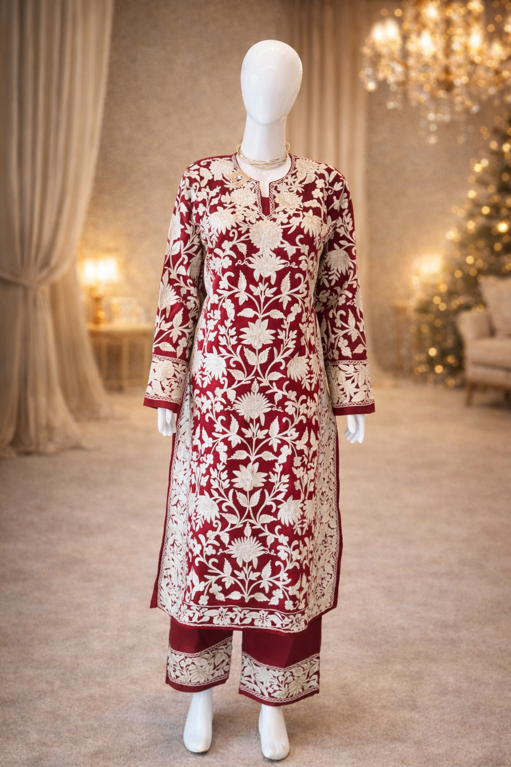 Embroidered Red & Cream Kurta Set