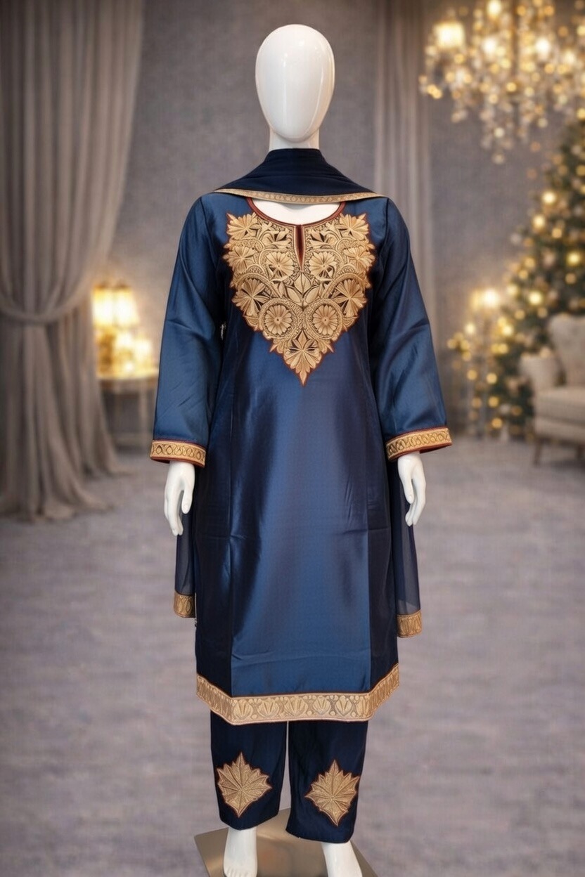 Navy Blue | Elegant Suede Velvet Pheran Set | Winter Pheran Suit | Soft, Mette