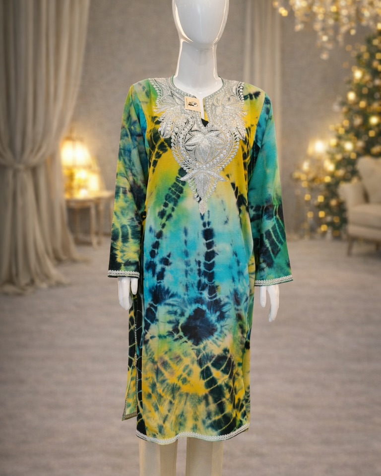 Tie & Dye | Shibori-inspired Dyeing | Modern Kashmiri Pheran | Contemporary Pheran Kurta | Tilla + Aari Embroidery 