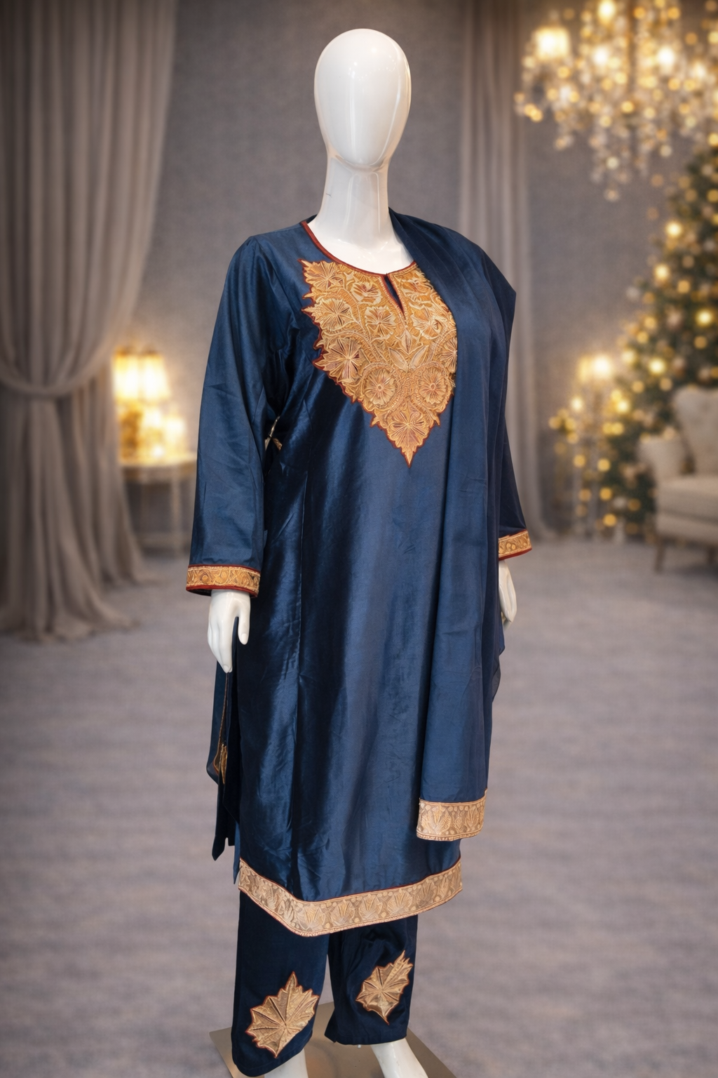 Navy Blue | Elegant Suede Velvet Pheran Set | Winter Pheran Suit | Soft, Mette