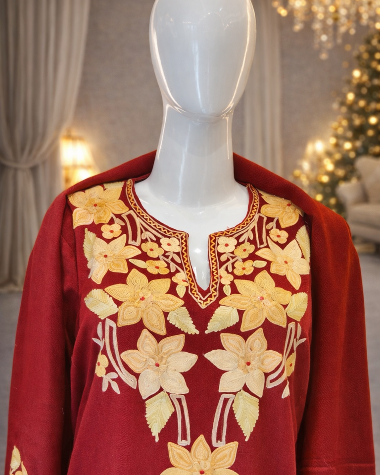 Kashmiri Pheran | 3 pc Suit Pure wool | Kashmiri Aari work Floral Embroidery | Festival outfit 