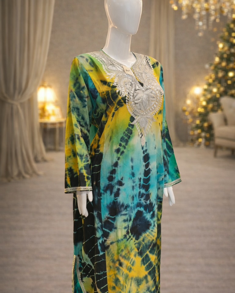 Tie & Dye | Shibori-inspired Dyeing | Modern Kashmiri Pheran | Contemporary Pheran Kurta | Tilla + Aari Embroidery