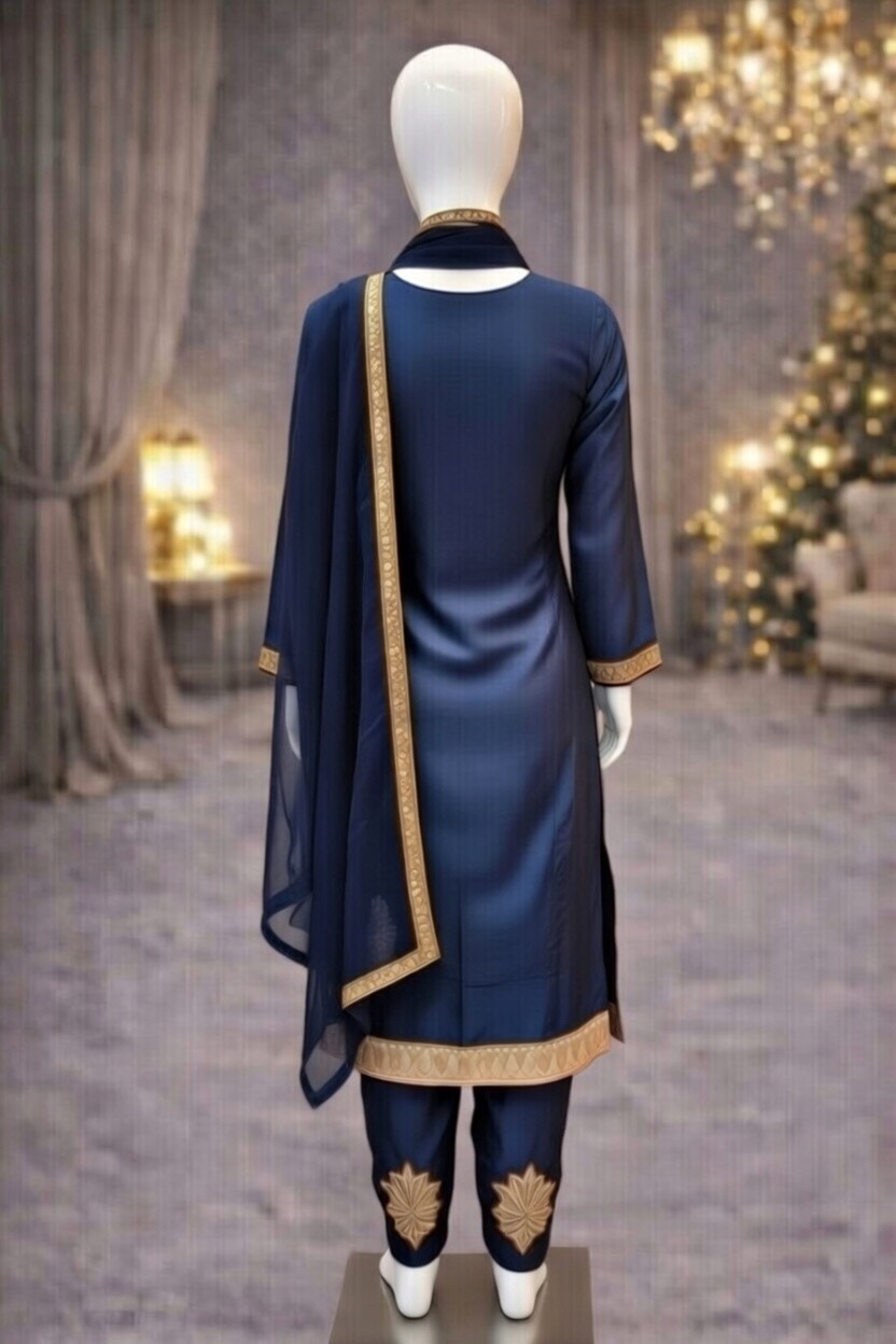 Navy Blue | Elegant Suede Velvet Pheran Set | Winter Pheran Suit | Soft, Mette