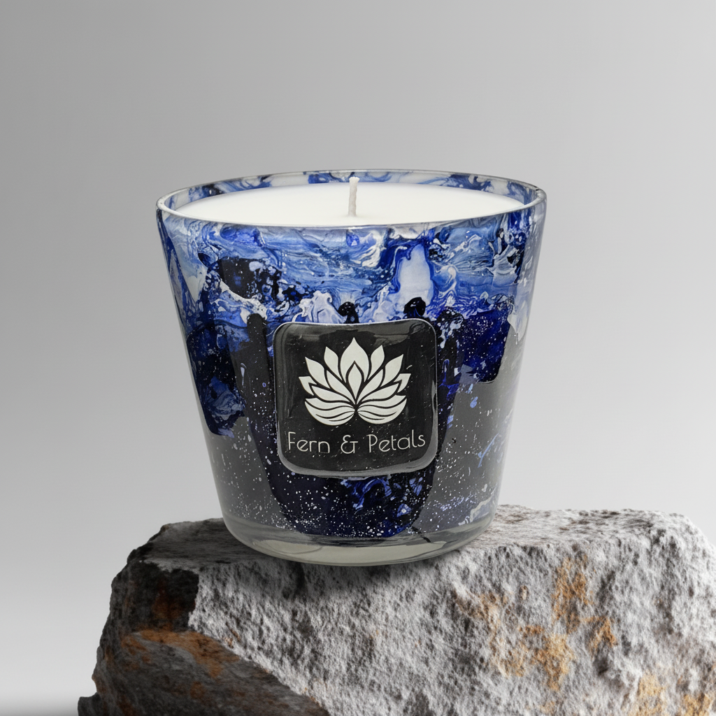 Blue, Black & White Painted Glass Candle Jar
