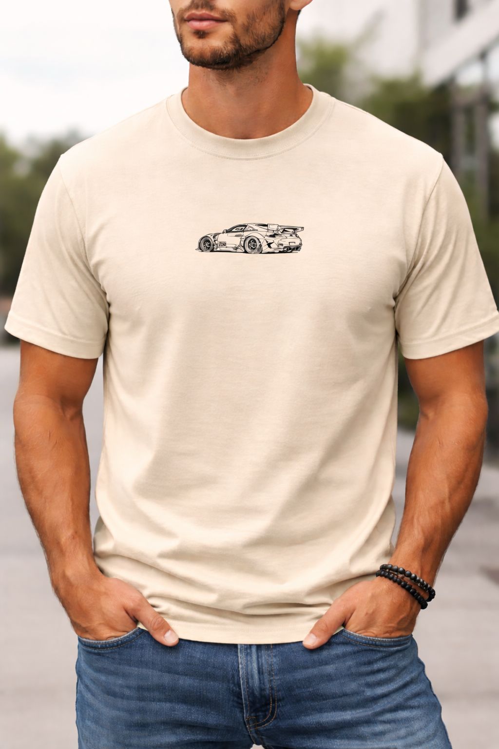 Racing Graphic Beige T-Shirt – Minimal Front & Bold Back Print