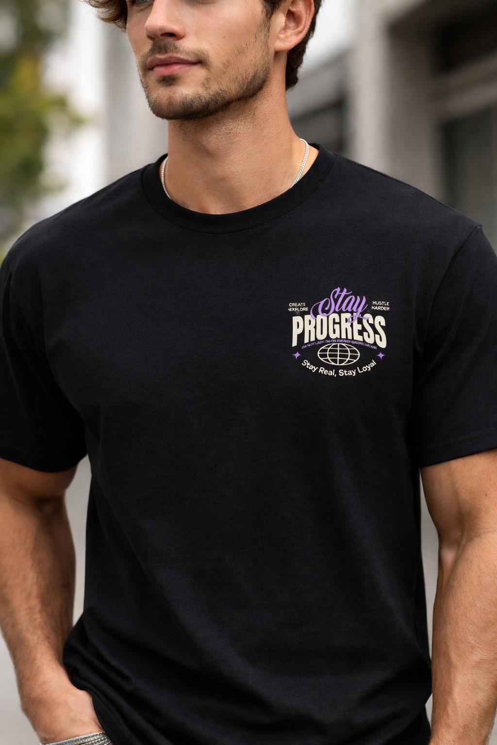 Stay Progress Black T-Shirt – Front Pocket & Back Print Edition