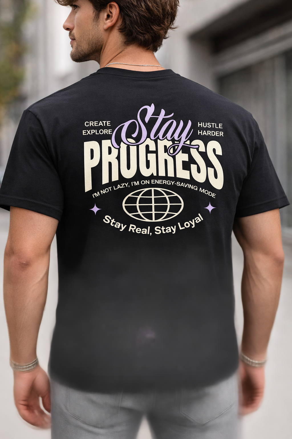 Stay Progress Black T-Shirt – Front Pocket & Back Print Edition