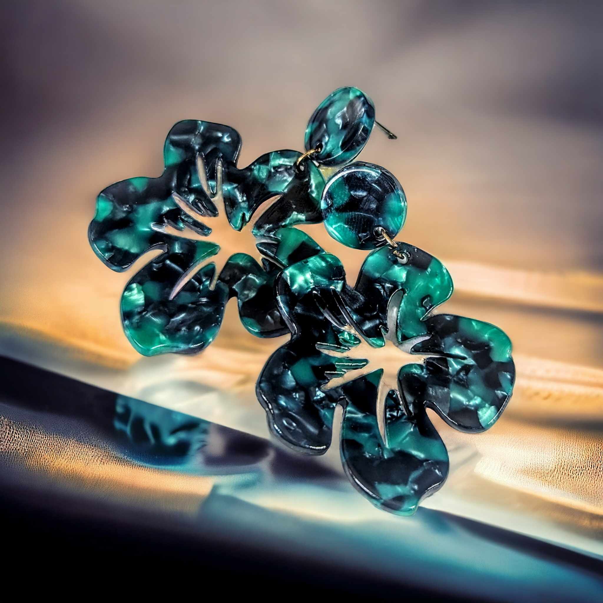 Boucles d'oreilles - Hibiscus vert marbré