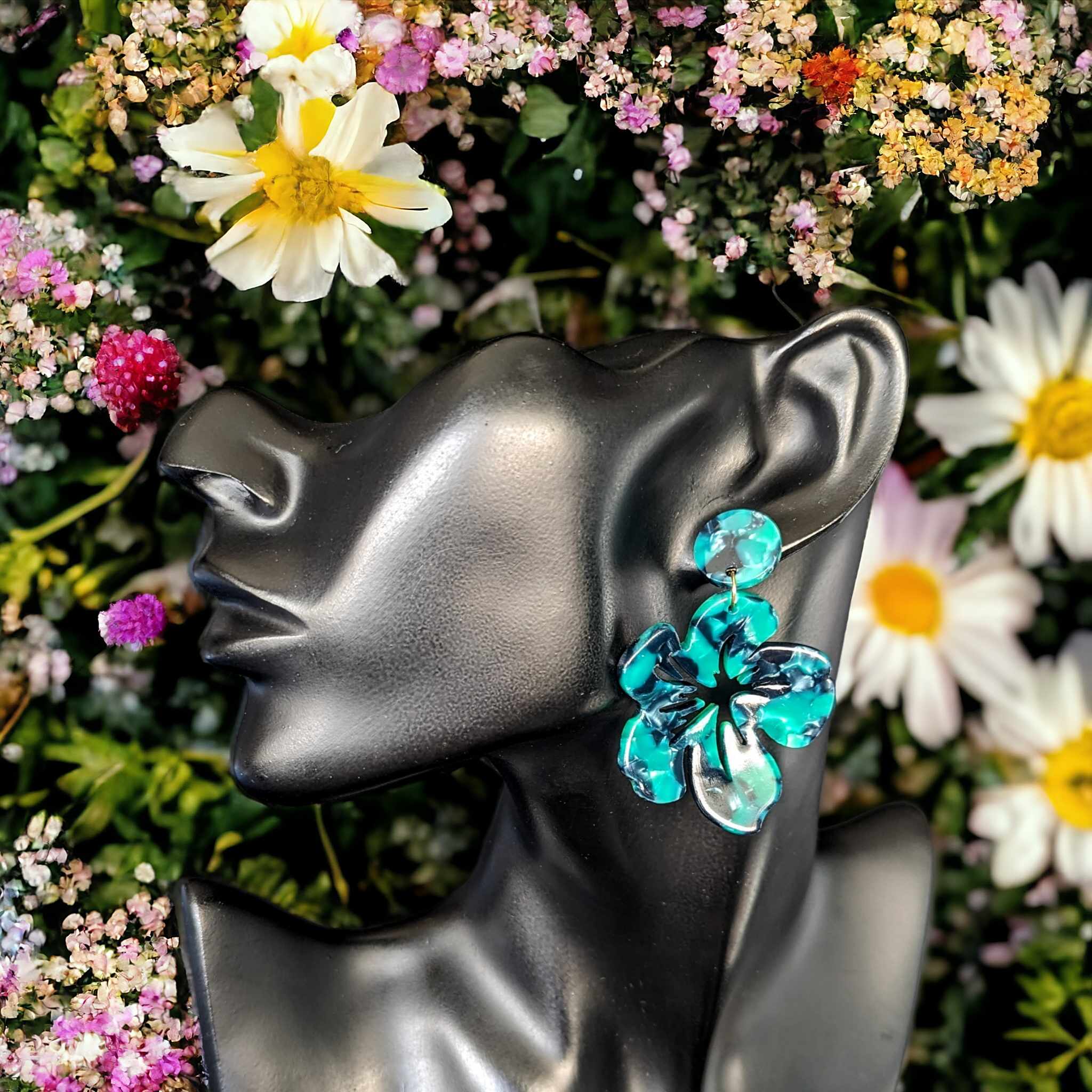 Boucles d'oreilles - Hibiscus vert marbré