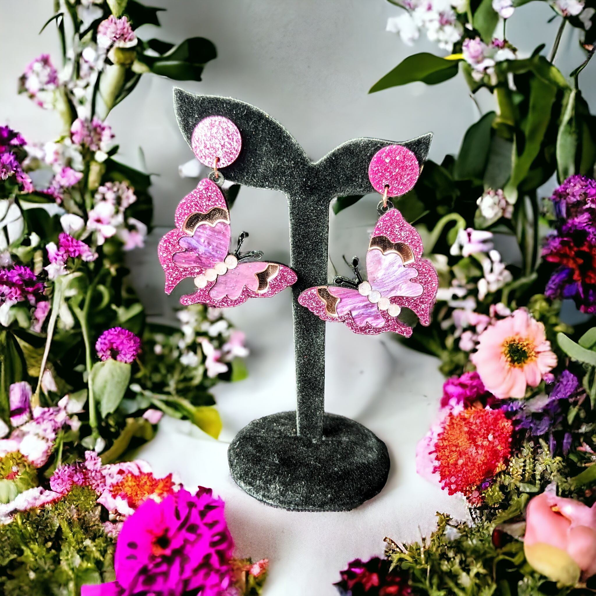 Boucles d'oreilles - Papillons rose