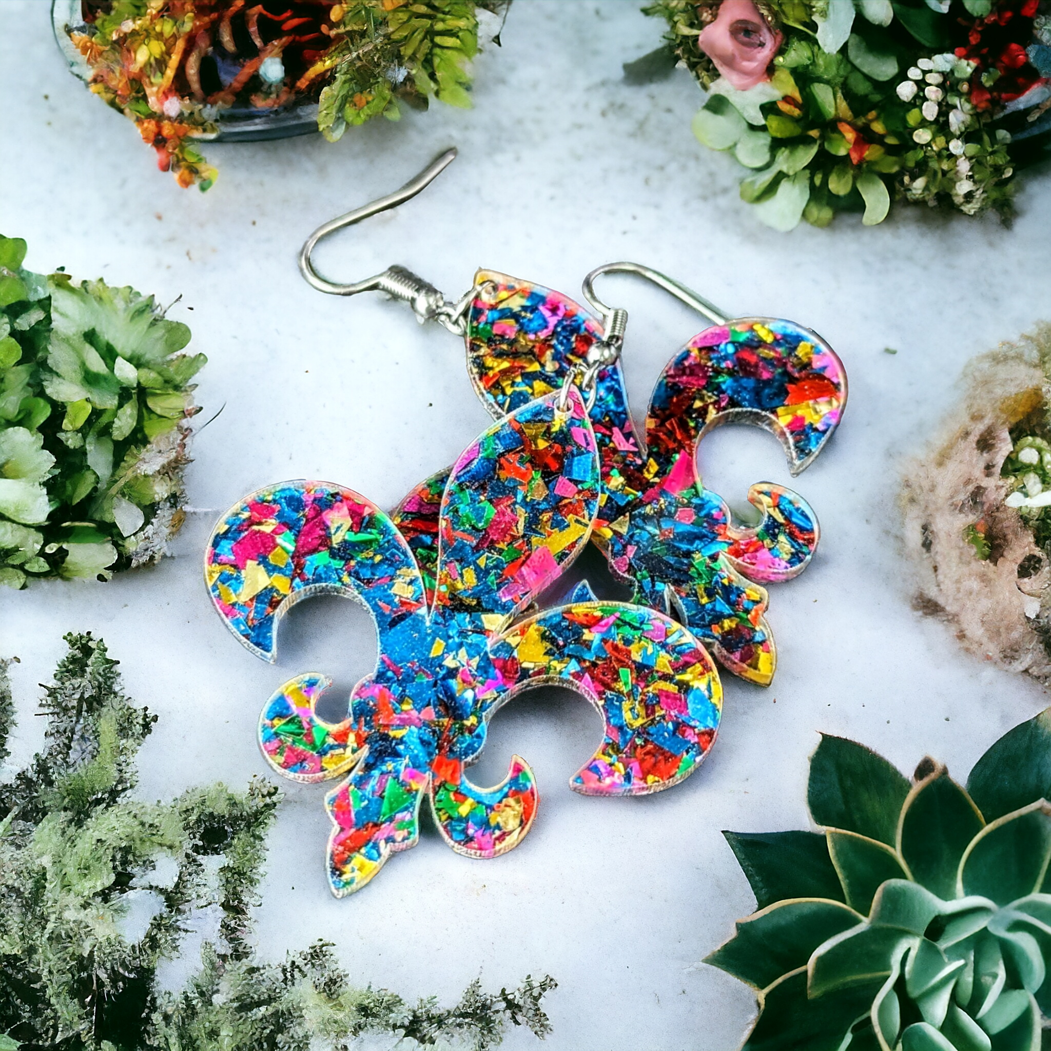 Boucles d'oreilles - Fleur de lys pailleté