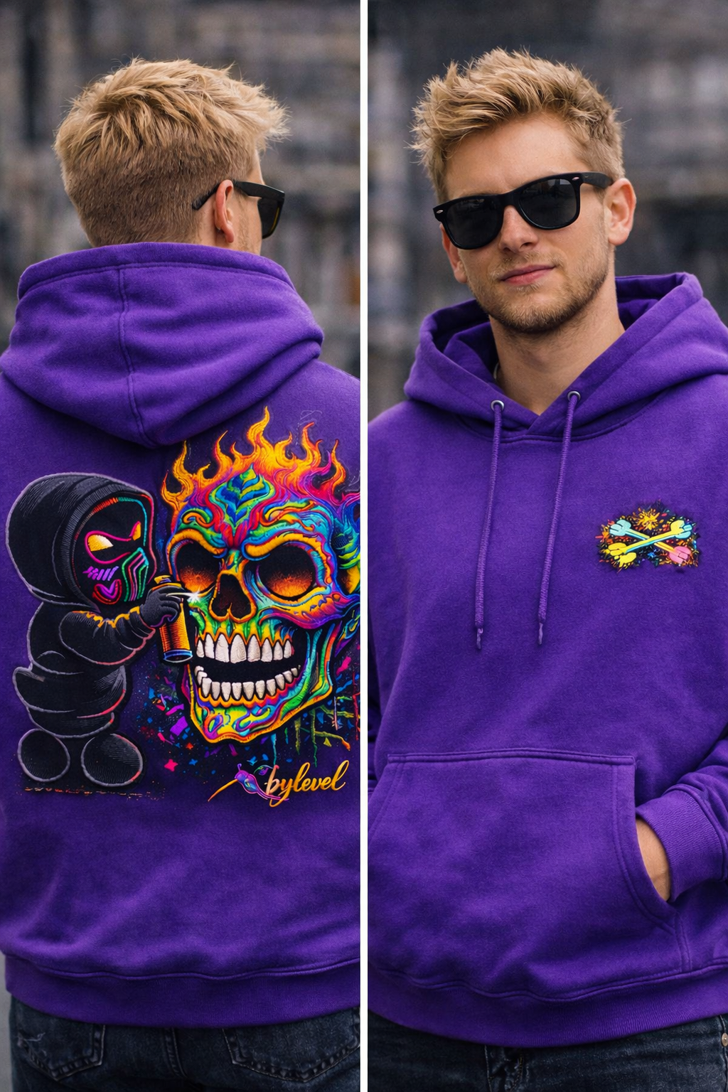 Sudadera morada con arte urbano