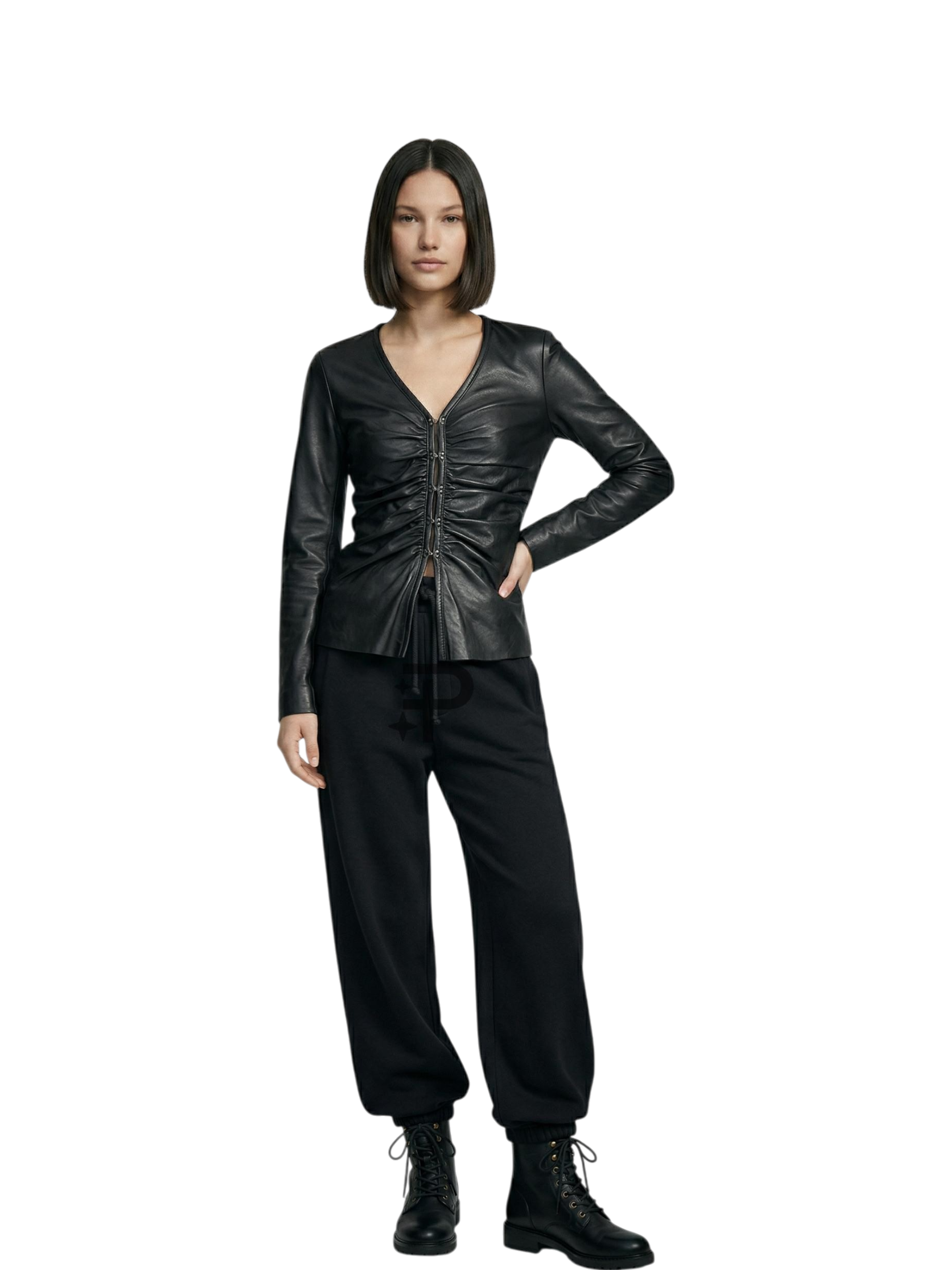 Giubbino in Pelle Nera Arricciato