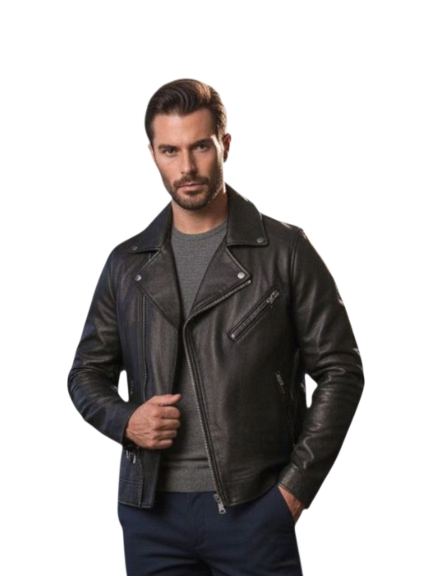 Chiodo Nero in Pelle con Metallo Brunito