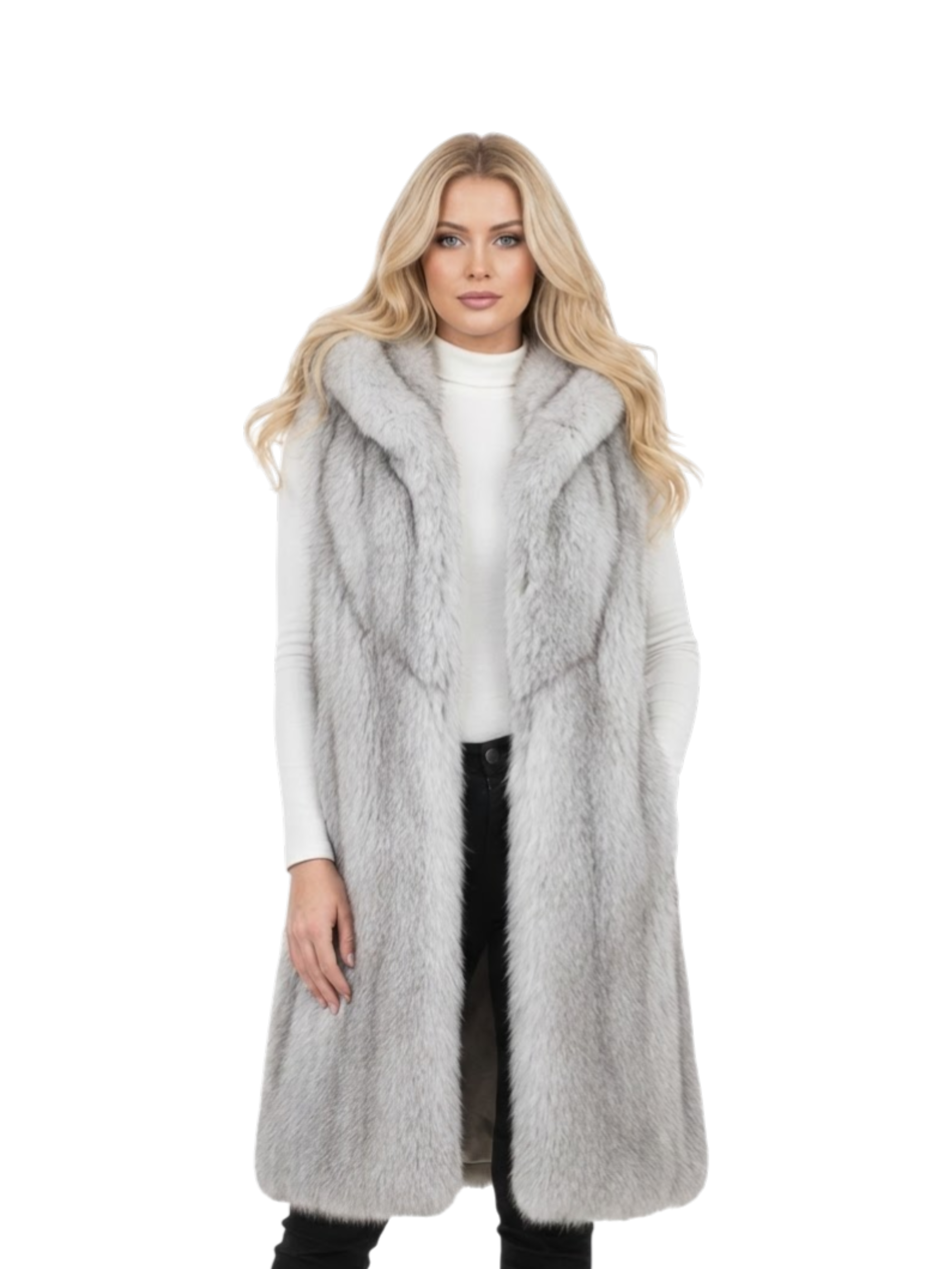 Gilet lungo in Ecopelliccia Argentata con cappuccio