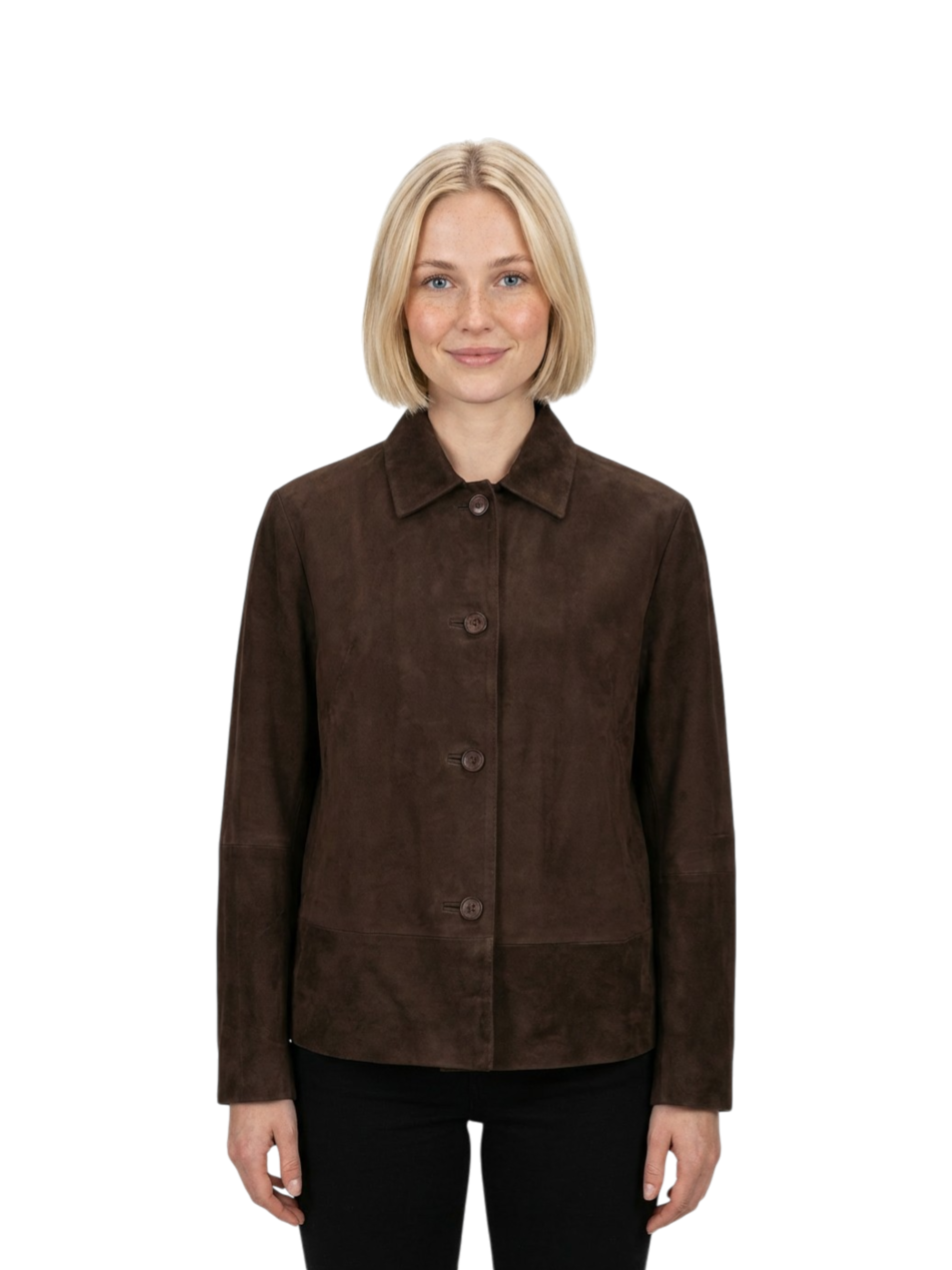 Giacca in pelle scamosciata marrone collo a camicia