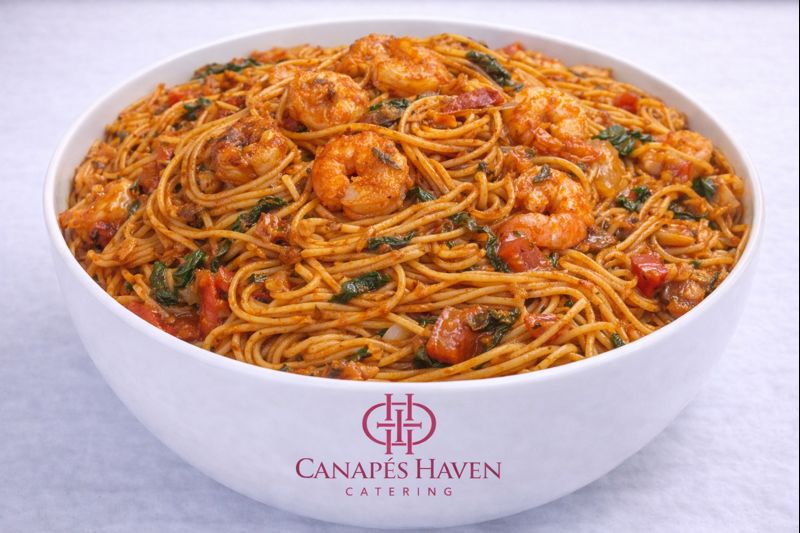 Shrimp Jollof Spaghetti