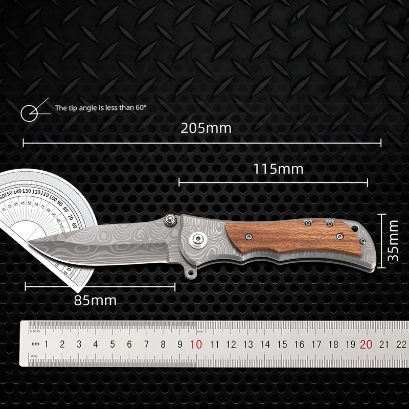 Professional Damascus Pattern 205mm Folding Knife - Tactical EDC Pocket Knife with Wood Inlay Handle