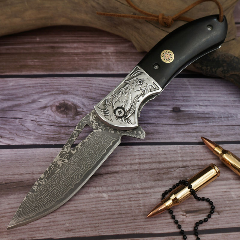 Professional 20cm Damascus Pattern Folding Knife - Tactical EDC Pocket Knife with Ebony Wood Handle