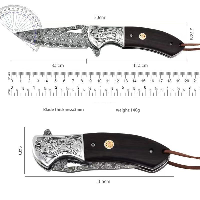 Professional 20cm Damascus Pattern Folding Knife - Tactical EDC Pocket Knife with Ebony Wood Handle