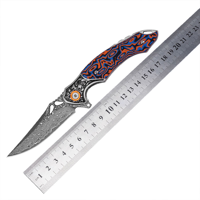 Damascus Pattern Tactical Folding Knife - Anti-Slip EDC Pocket Knife with Metal Hardware