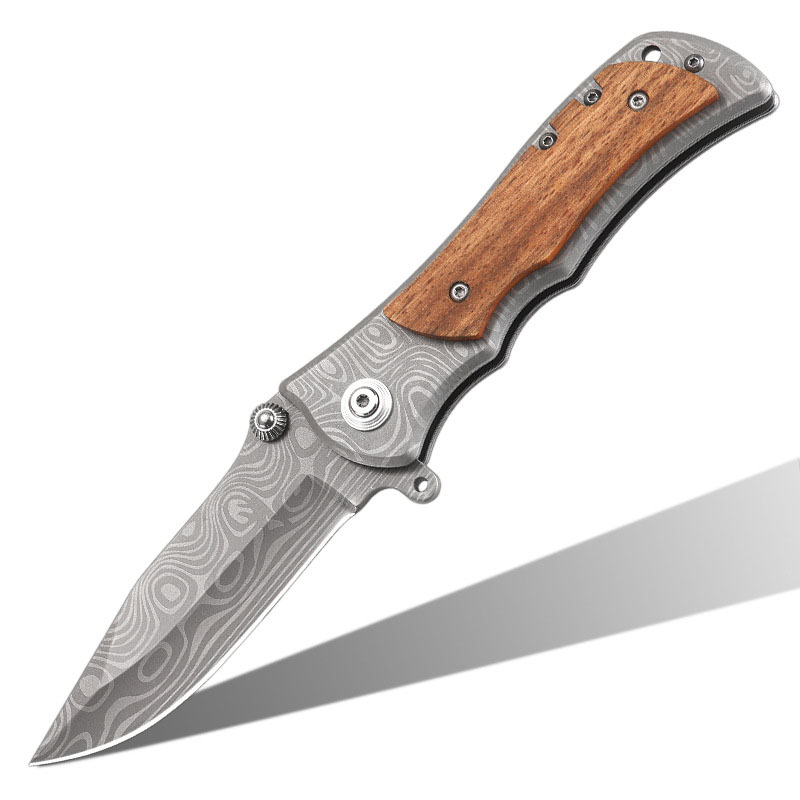 Professional Damascus Pattern 205mm Folding Knife - Tactical EDC Pocket Knife with Wood Inlay Handle
