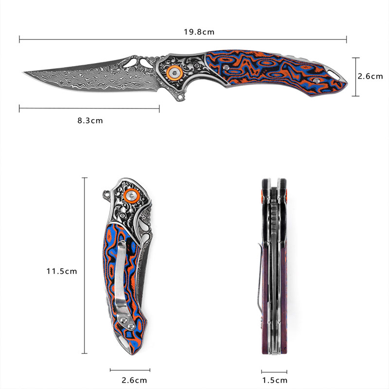 Damascus Pattern Tactical Folding Knife - Anti-Slip EDC Pocket Knife with Metal Hardware