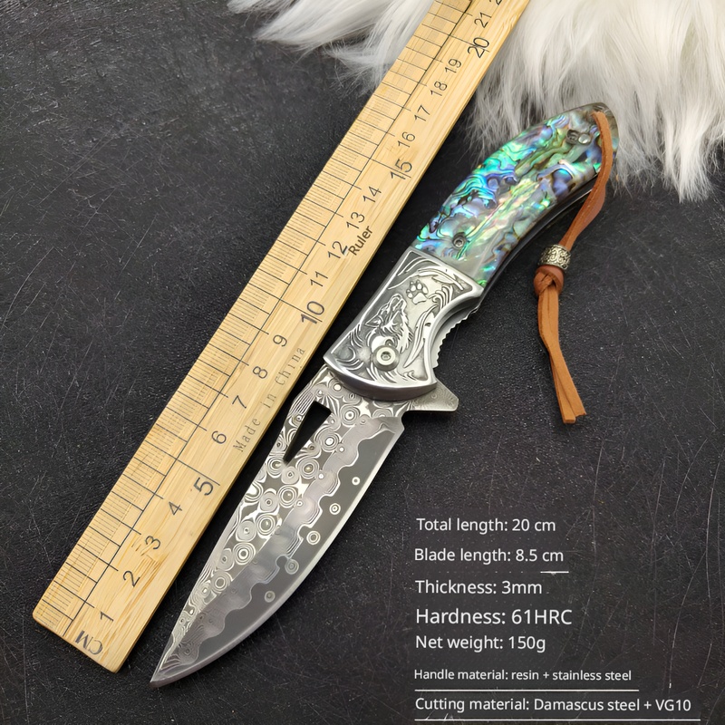 VG10 Damascus Steel Folding Pocket Knife - Professional 61 HRC Tactical EDC Tool with Abalone Handle
