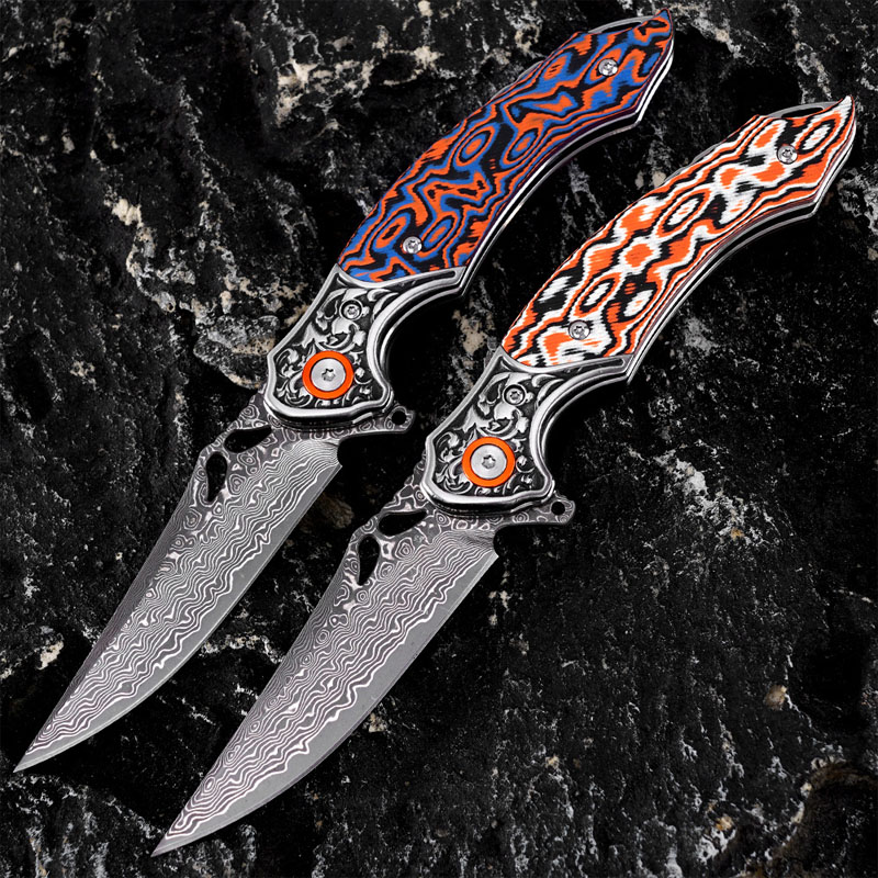 Damascus Pattern Tactical Folding Knife - Anti-Slip EDC Pocket Knife with Metal Hardware