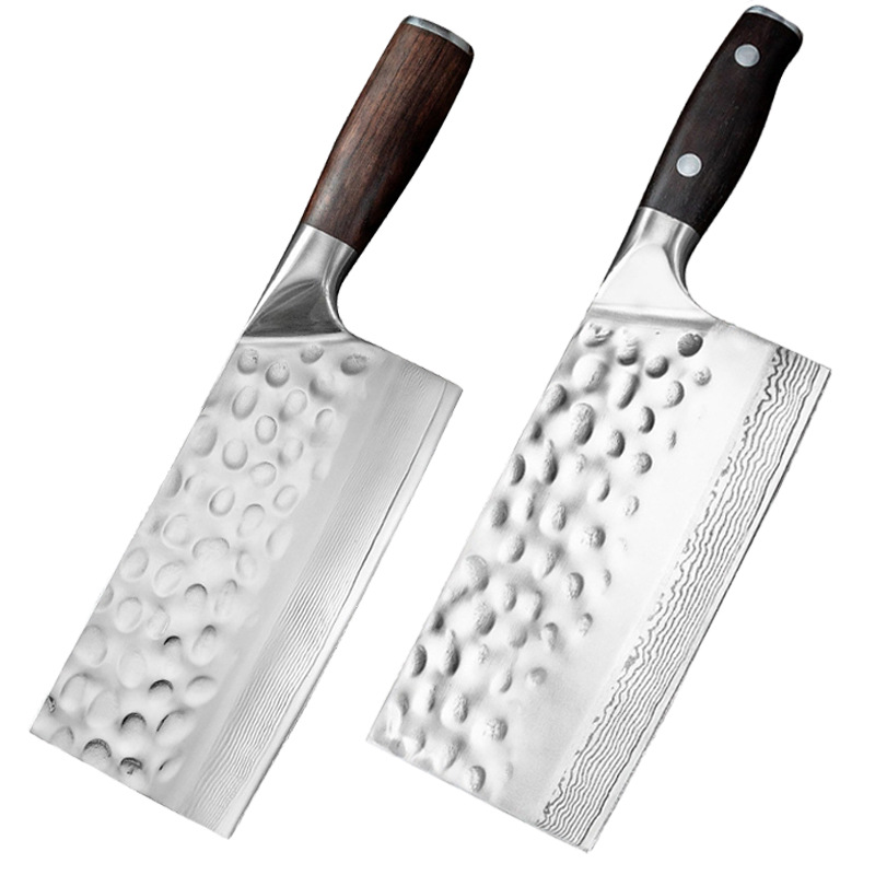 Artisan Hand-Forged Damascus Style Cleaver - Traditional Chinese Chef Knife with Hammered Finish