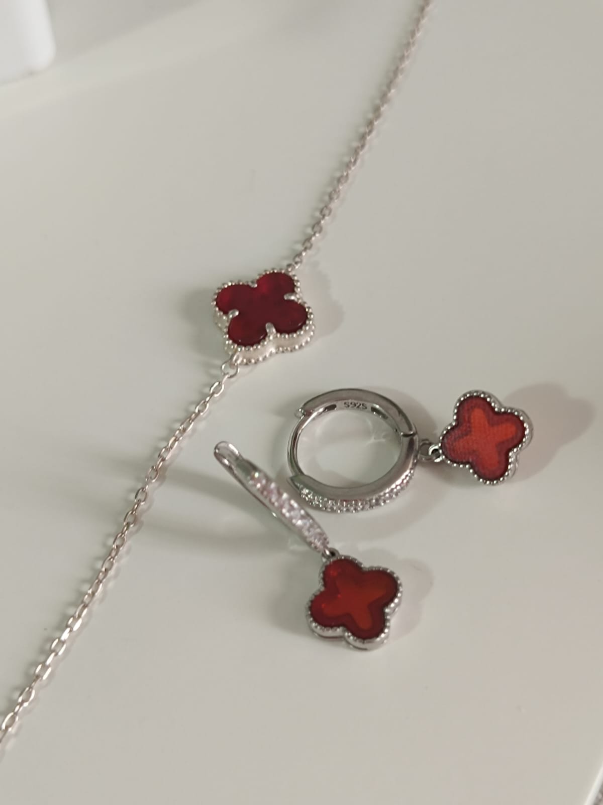 Conjunto de Pulseira e Brincos em Prata Flor Rubi