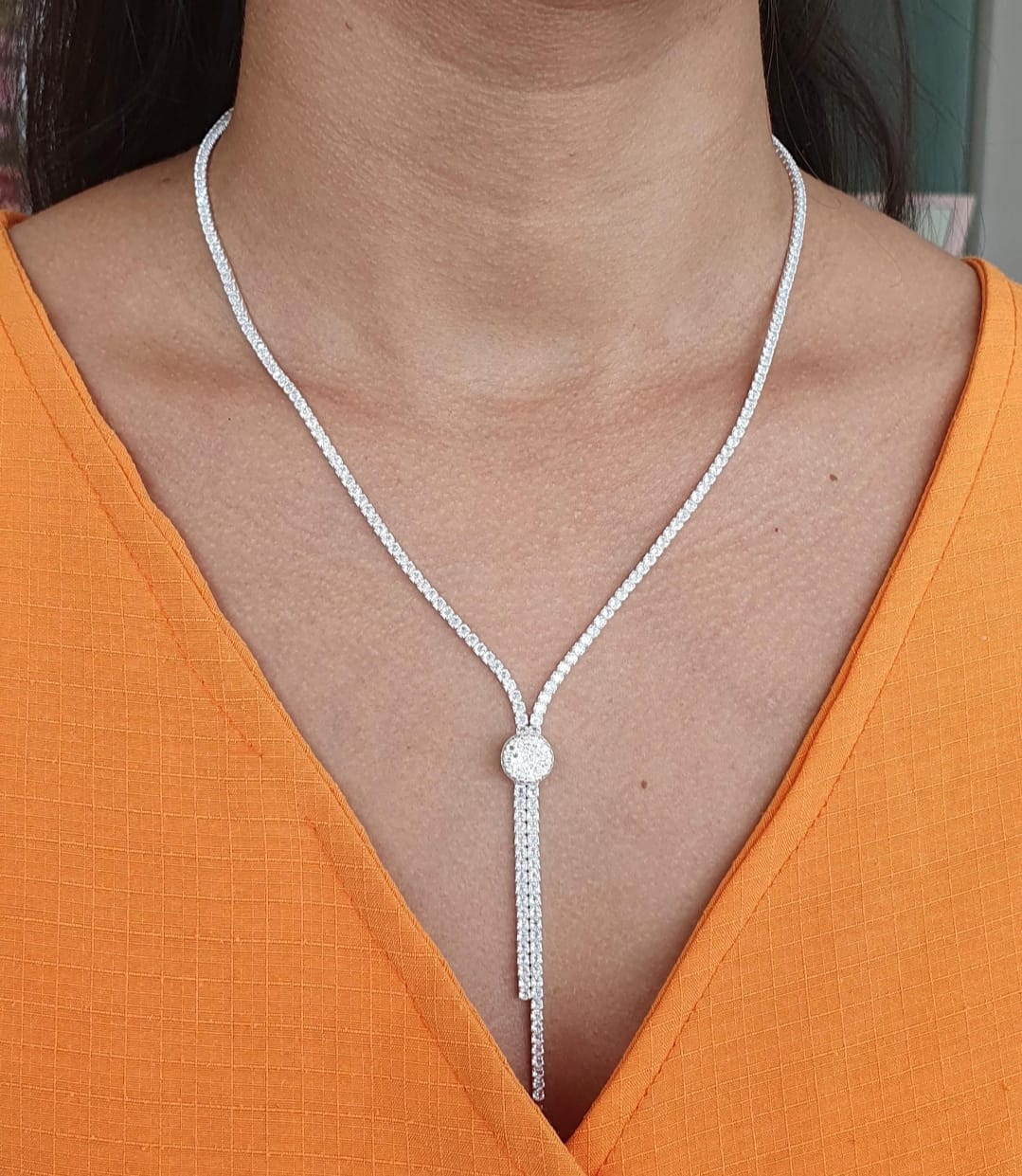 Colar Gravatinha Ajustável em Prata 925 Cravejado