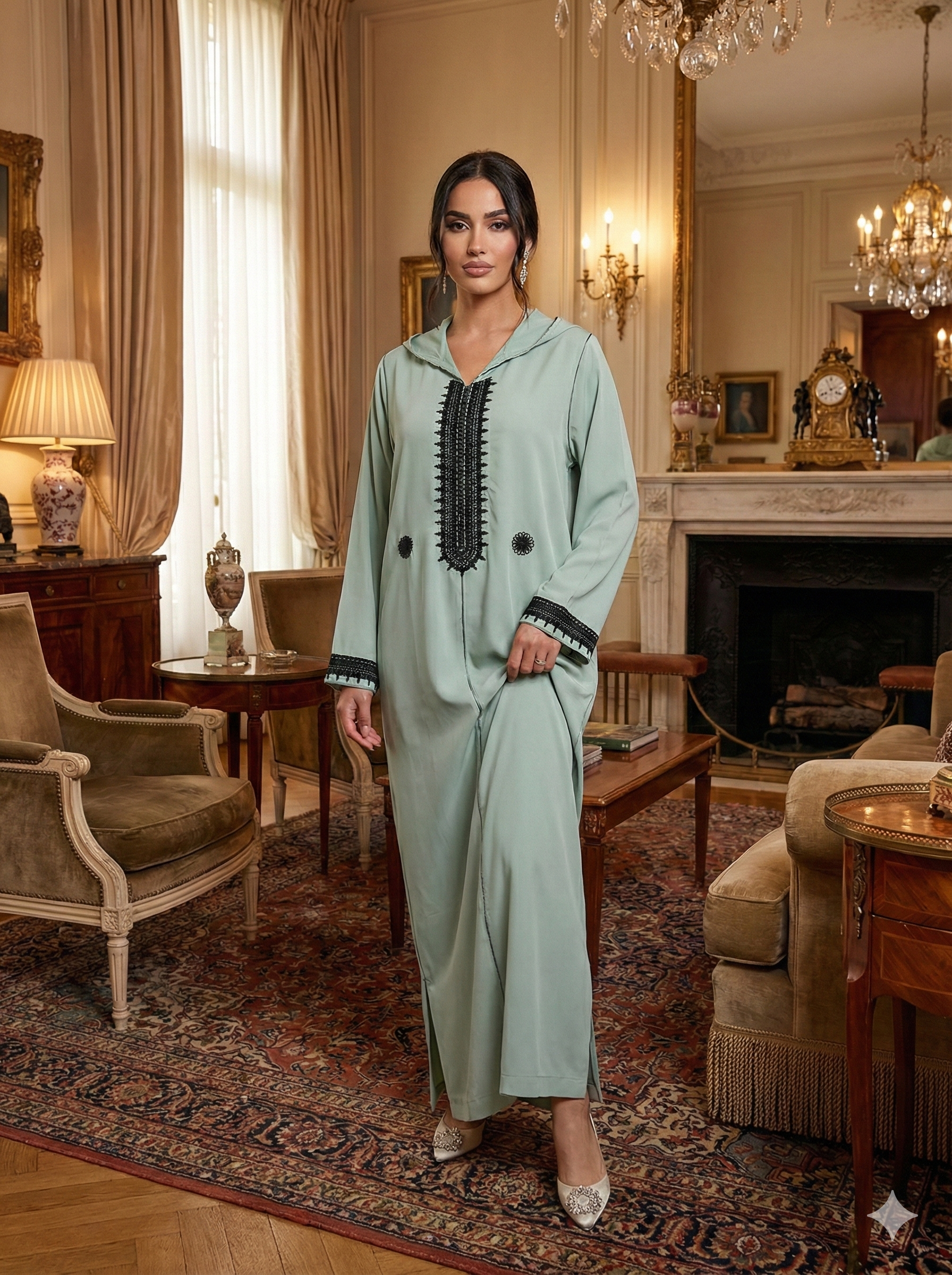 Caftan vert menthe brodé