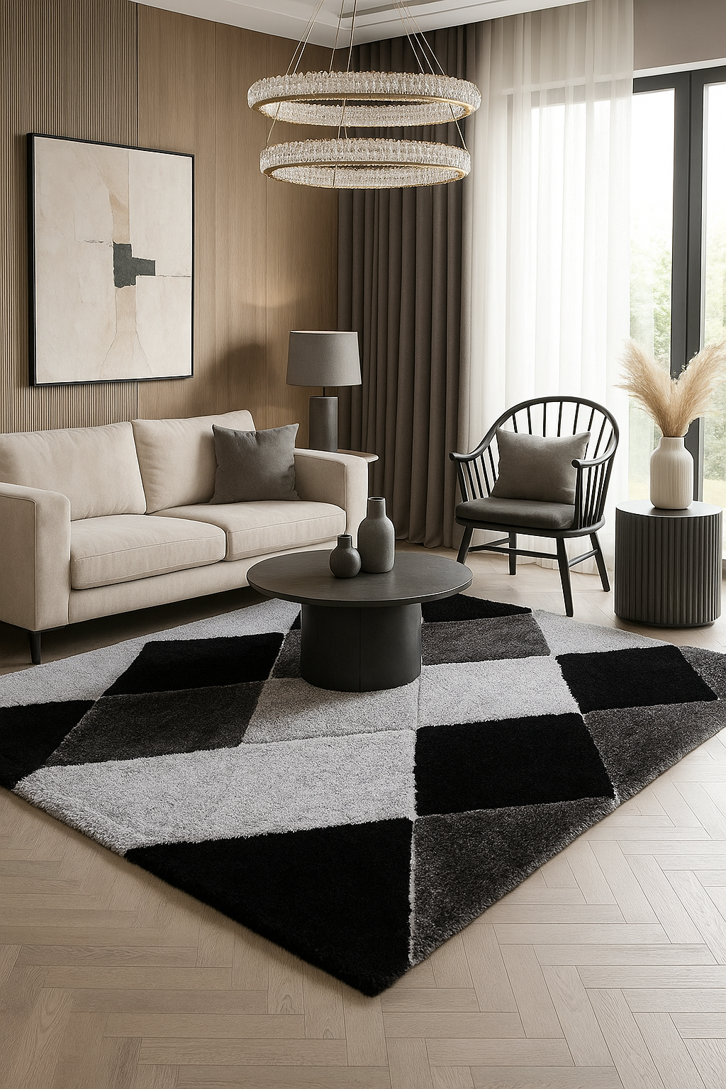 Handmade Wool Area Rug – Modern Black & Grey Checkered Design